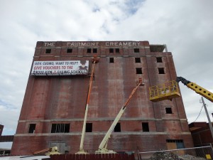 Masonry restoration project being performed on the former Fairmont Creamery building
